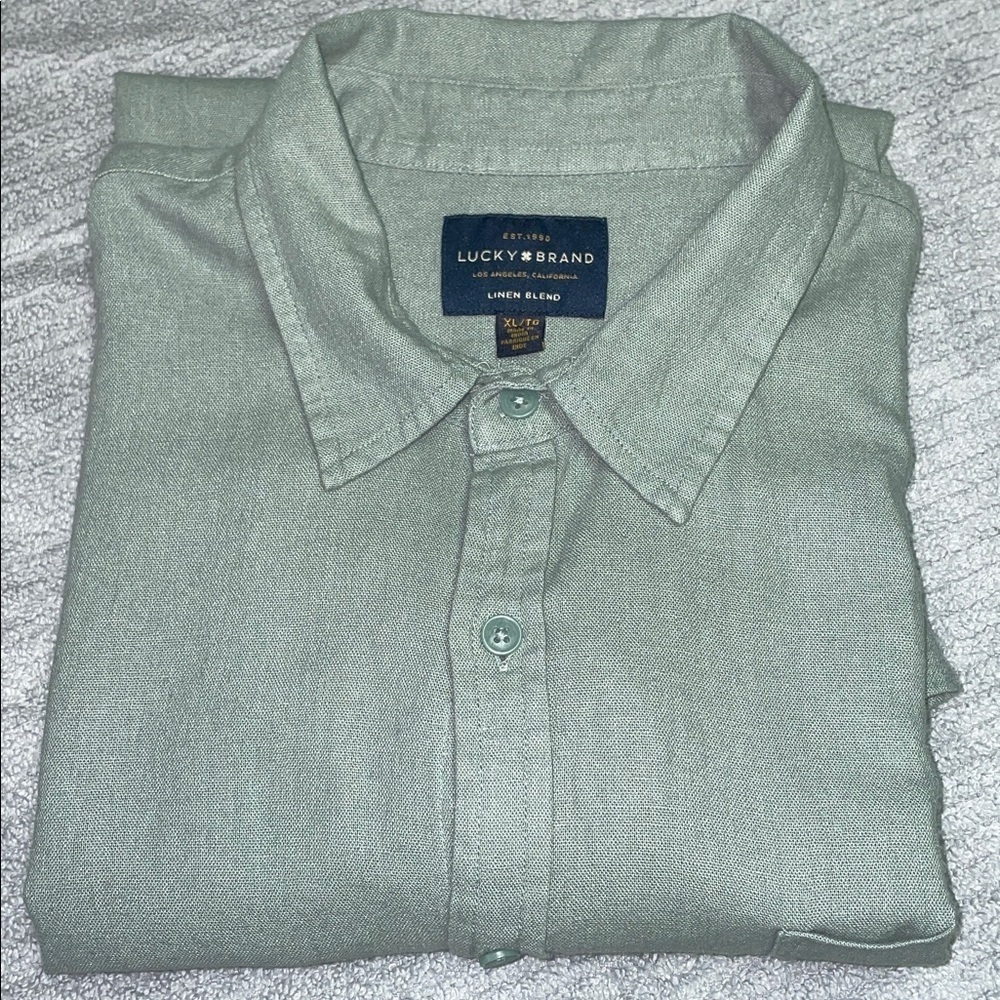 Lucky Brand Men's Sage Green Button Down Linen Blend Short Sleeve Shirt. XLarge